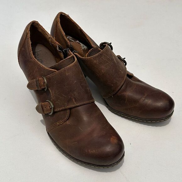 B.O.C Born Concept Side-Zip Double Monk Strap Shoes Heels Brown Leather 6.5 37.5 - Picture 1 of 9